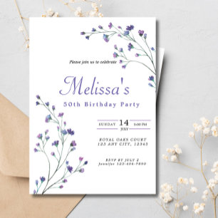 Pretty Purple Minimalist Wildflowers 50th Birthday Invitation