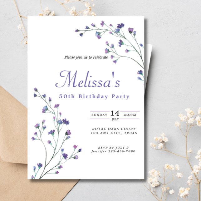 Pretty Purple Minimalist Wildflowers 50th Birthday Invitation (Creator Uploaded)