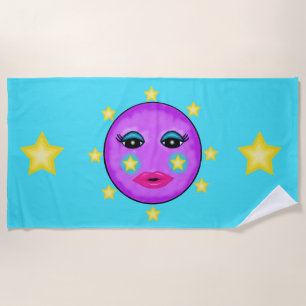 Pretty Purple Moon Face Yellow Stars Pink Lips Beach Towel