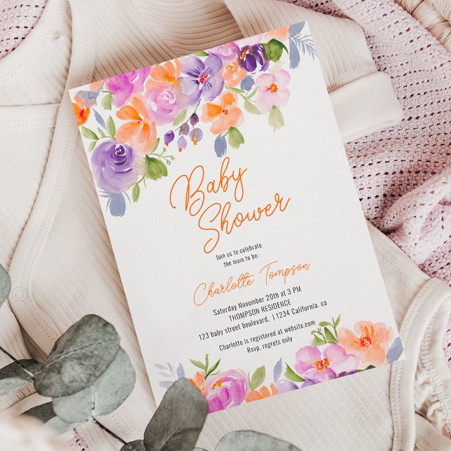 Pretty purple orange floral script baby shower invitation (Pretty purple orange floral script baby shower invitation)