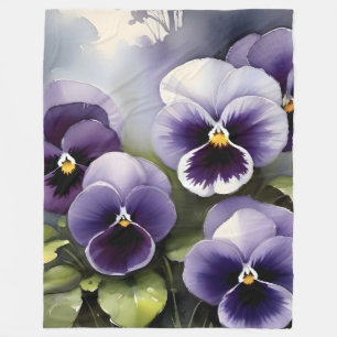 Pretty purple pansies watercolor painting fleece blanket