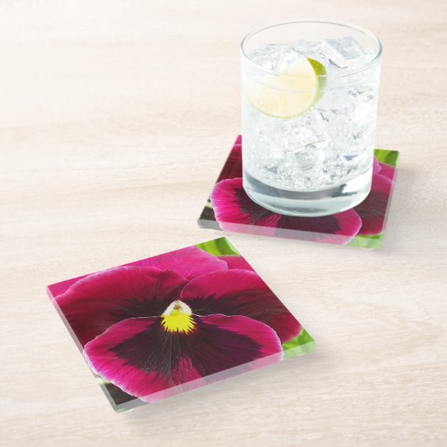 Pretty Purple Pansy Floral Glass Coaster (Angled)