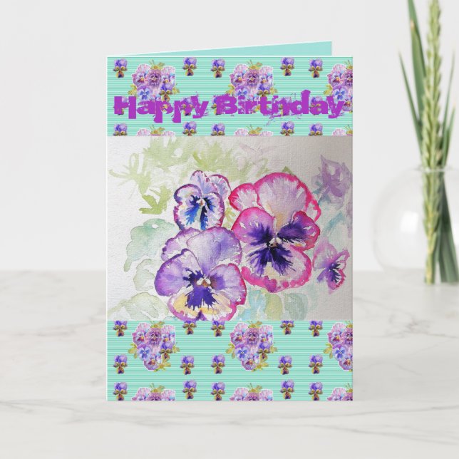 Pretty Purple Pansy Viola Watercolour art Card (Front)