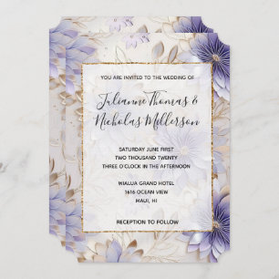 Pretty Purple Pearl Gold Floral Wedding  Invitation