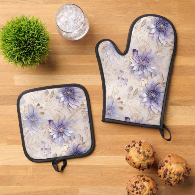 Pretty Purple Pearl Gold Floral Wedding  Oven Mitt & Pot Holder Set (Top Down)