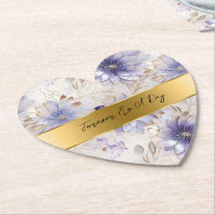 Pretty Purple Pearl Gold Floral Wedding Paper Coaster