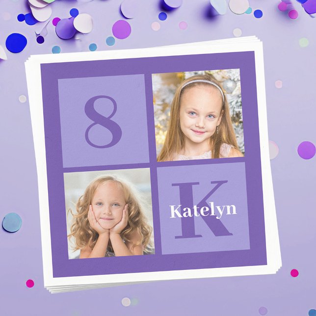 Pretty Purple Photo Collage Custom Birthday Party Napkin (Creator Uploaded)