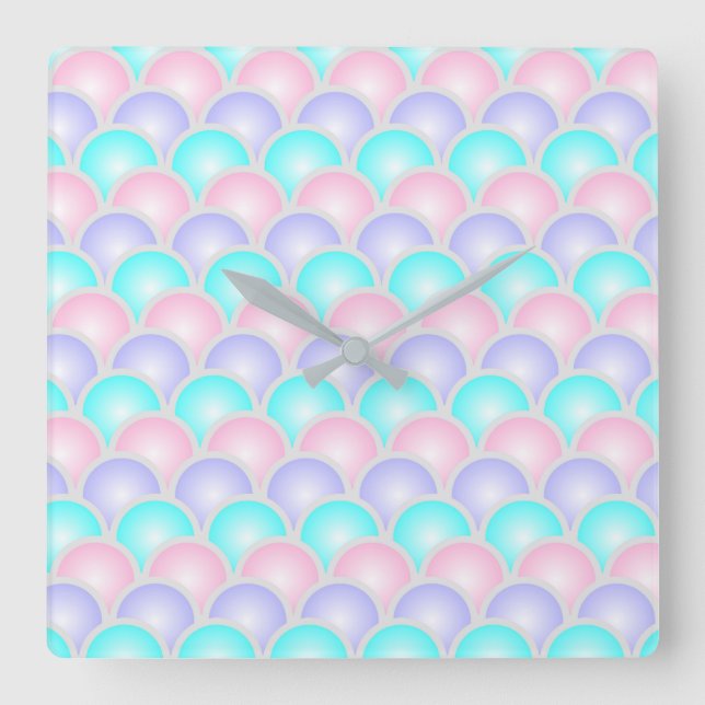 pretty purple pink aqua blue pastel mermaid scales square wall clock (Front)