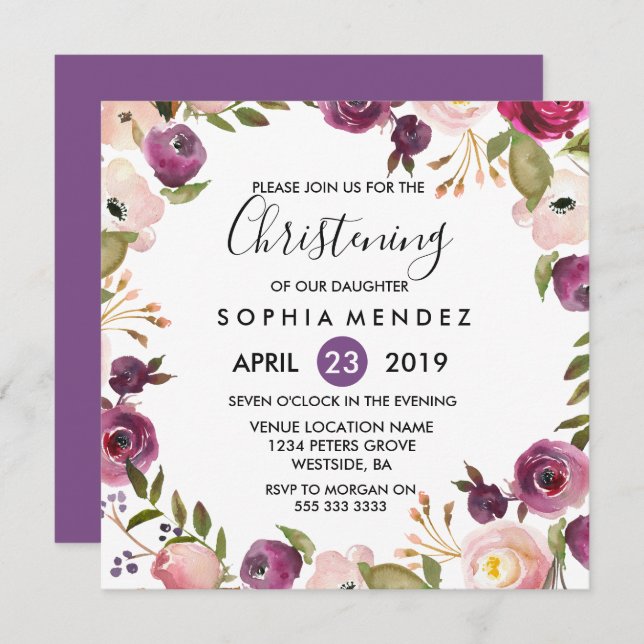 Pretty Purple Pink Botanical Christening Baptism Invitation (Front/Back)
