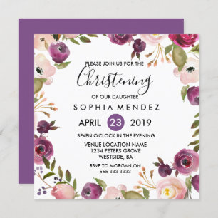 Pretty Purple Pink Botanical Christening Baptism Invitation