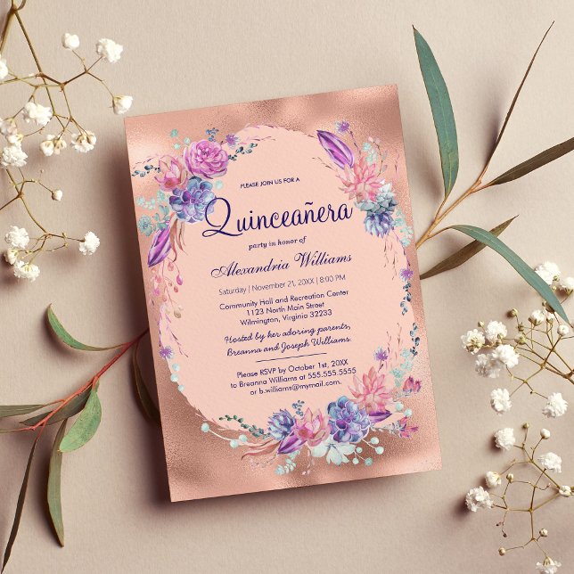 Pretty Purple Pink Rose Gold Floral Quinceañera Invitation (Pretty Purple Pink Rose Gold Floral Quinceañera )