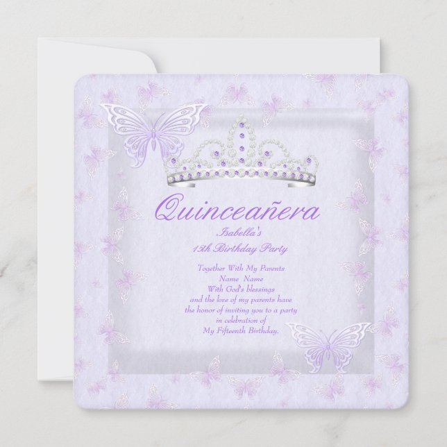 Pretty Purple Quinceanera Party Tiara Butterflies Invitation (Front)