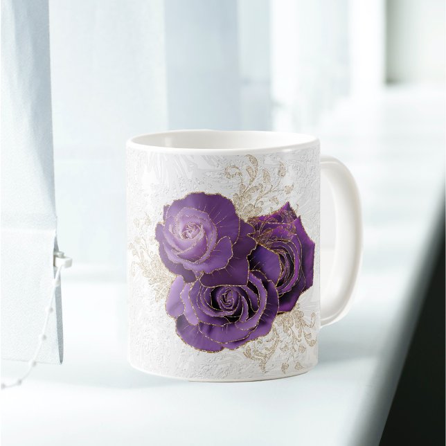 Pretty Purple Roses Floral Personalised Name Coffee Mug (Creator Uploaded)