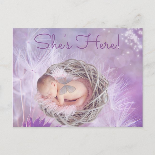 Pretty Purple "Shes Here" Baby Birth Announcement Postcard (Front)