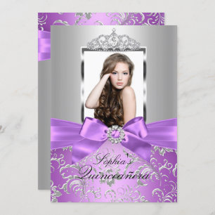 Pretty Purple Silver Bow & Tiara Quinceanera Invitation