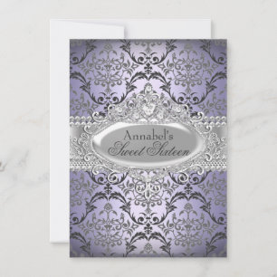 Pretty Purple & Silver Damask Sweet 16 Invite