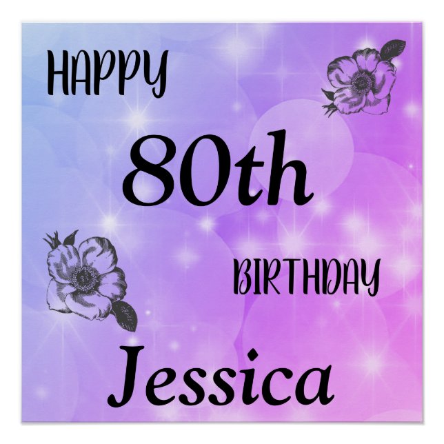 Pretty Purple sparkle Happy 80th Birthday Poster (Front)