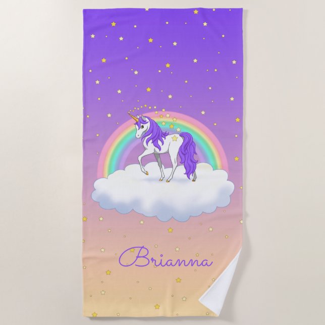 Pretty Purple Sweet Dreams Rainbow Unicorn Beach Towel (Front)
