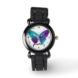Pretty Purple Teal Big Butterfly Personalised Watch