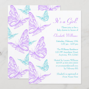 Pretty Purple Teal Butterfly Girl Baby Shower Invitation