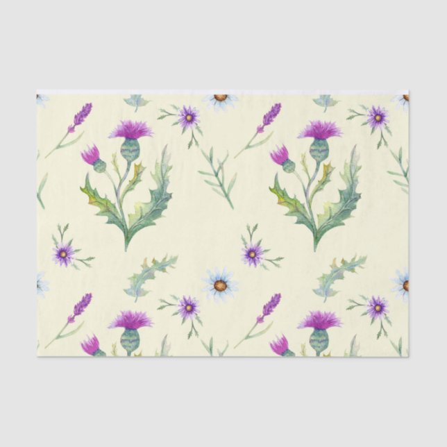 Pretty purple thistle flowers,  yellow background tissue paper (Front)