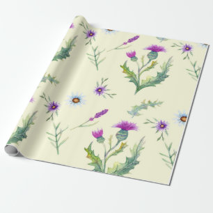 Pretty purple thistle flowers, yellow background wrapping paper