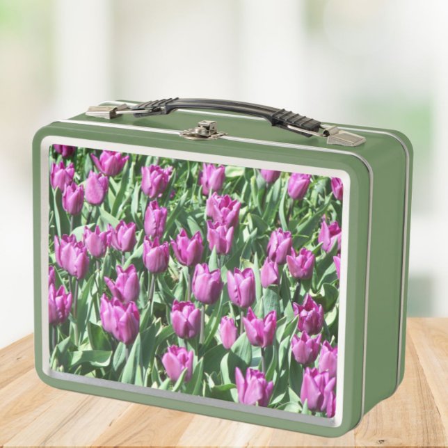Pretty Purple Tulips Floral Metal Lunch Box (In Situ Table)
