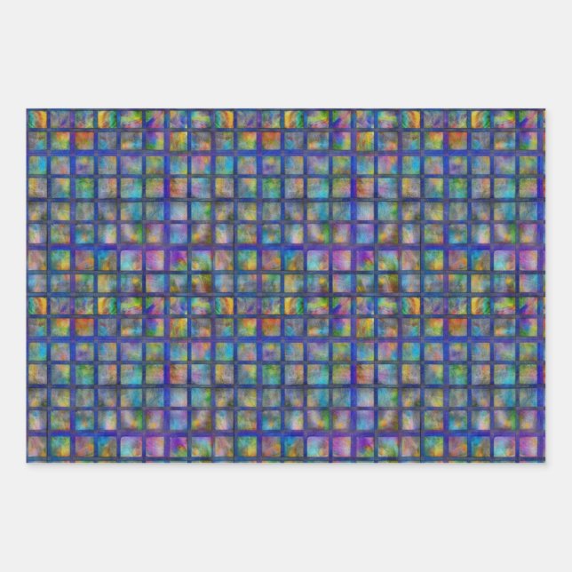 Pretty Purple Tye-Die Square Tile Grid Pattern Wrapping Paper Sheet (Front)
