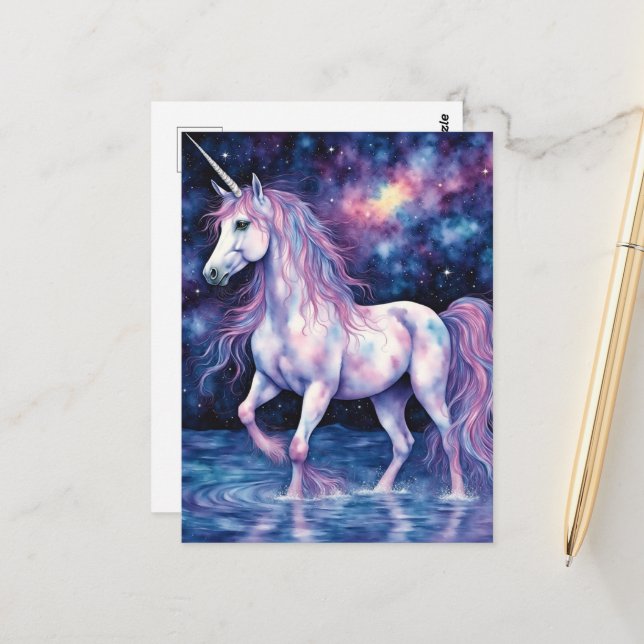Pretty Purple Unicorn In The Lake Postcard (Front/Back In Situ)