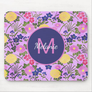 Pretty Purple Vintage Flower Pattern Monogram Mouse Pad