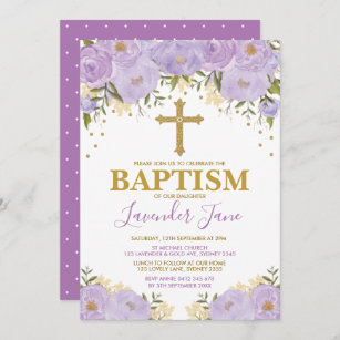 Pretty Purple Watercolor Floral Girl Baptism Invitation
