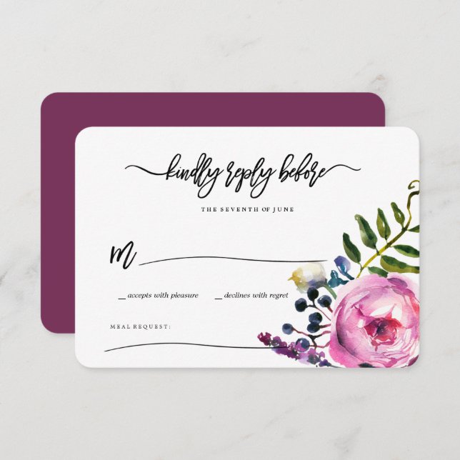 Pretty Purple Watercolor Flowers RSVP Invitation (Front/Back)