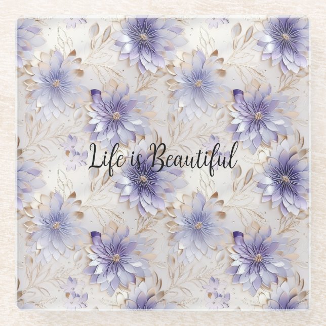 Pretty Purple White Flowers Glass Coaster (Front)