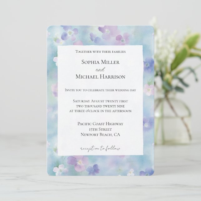 Pretty Purple White Flowers Wedding Invitation (Standing Front)