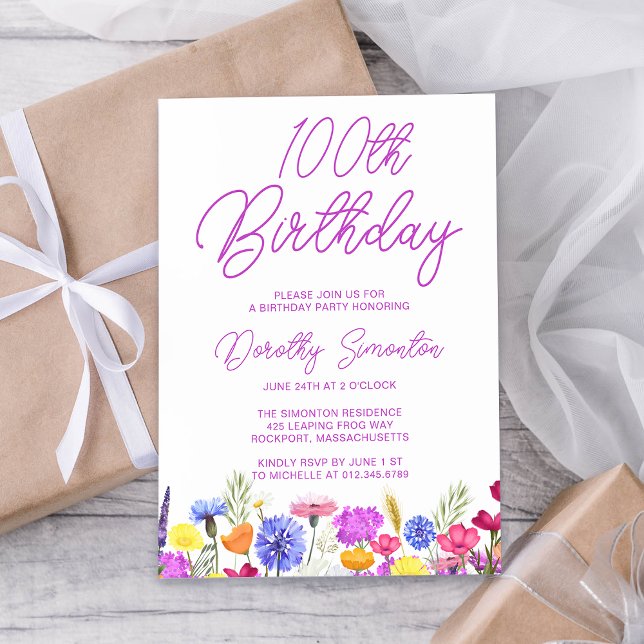 Pretty Purple Wildflower Adult 100th Birthday Invitation (Creator Uploaded)