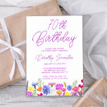 Pretty Purple Wildflower Adult 60th Birthday Invitation<br><div class="desc">A pretty wildflower border decorates the bottom of this adult 70th birthday invitation. Purple, blue, yellow and orange flowers create a colourful and happy design to celebrate this milestone birthday. Modern and simple purple calligraphy adds a trendy touch to keep it fresh. The open and carefree lettering flow coordinates perfectly...</div>