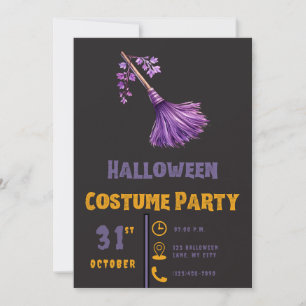 Pretty Purple Witches Broomstick Black Halloween Invitation
