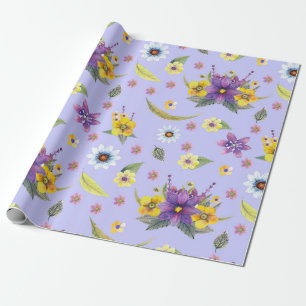 Pretty purple, yellow and white watercolor flowers wrapping paper