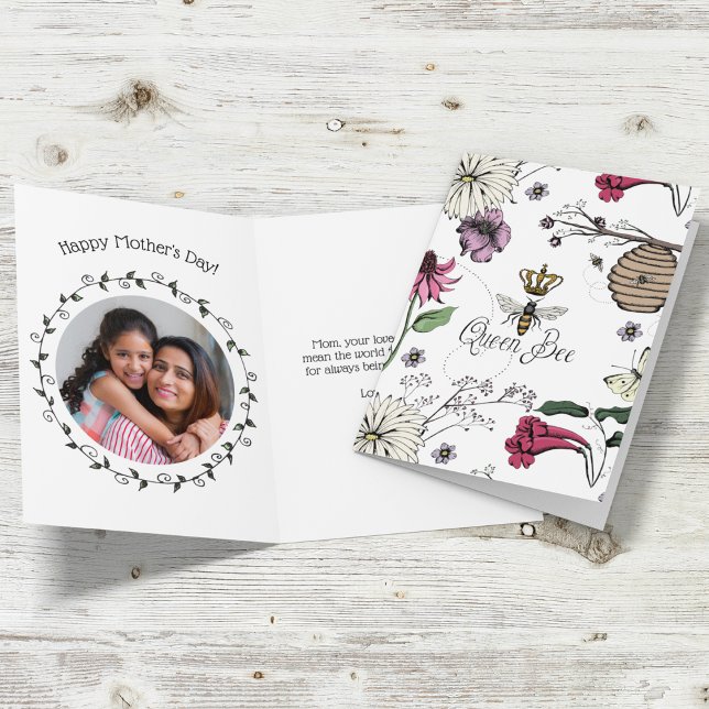 Pretty Queen Bee and Royal Crown Mothers Day Photo Holiday Card (Editable texts inside & back. Front: Queen Bee, flowers, beehive, honeybees.
Back: "Mommy, You Rule")