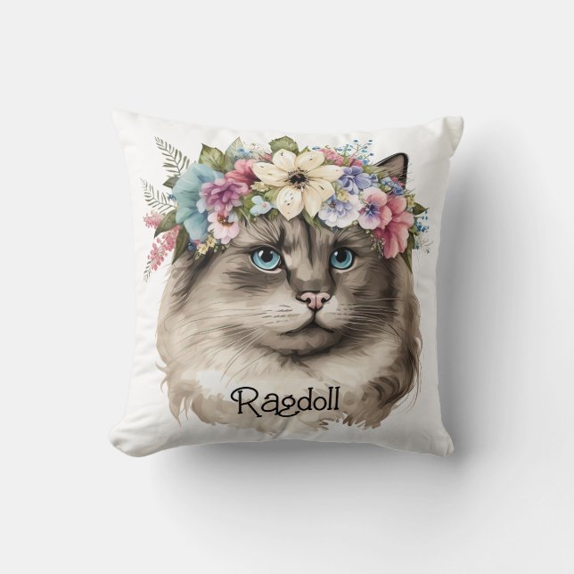 Pretty Ragdoll Cat Floral Personalised Cushion (Front)