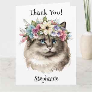 Pretty Ragdoll Cat Floral Personalised Thank You Card