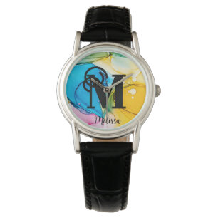 Pretty Rainbow alcohol Ink Monogram Name Watch