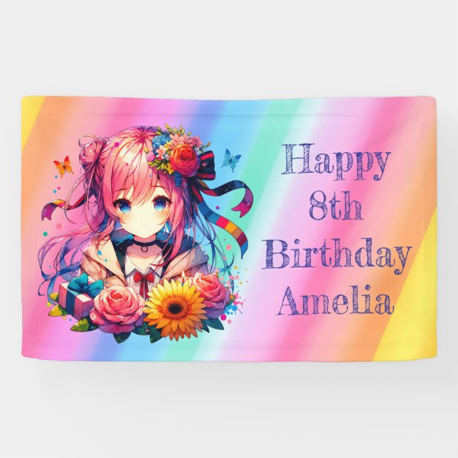 Pretty Rainbow Anime Girl Personalised Birthday  Banner (Horizontal)