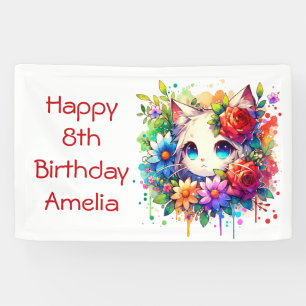Pretty Rainbow Anime Kitten Personalised Birthday  Banner