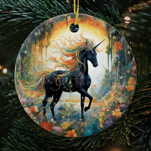 Pretty Rainbow Black Unicorn Ceramic Ornament