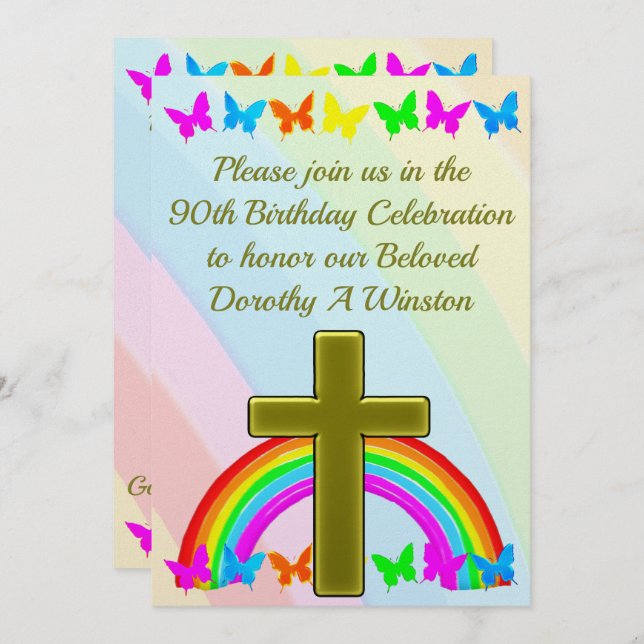 PRETTY RAINBOW CHRISTIAN 90TH BIRTHDAY INVITATION (Front/Back)