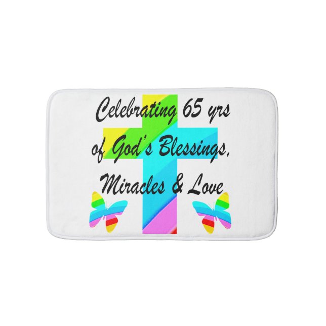 PRETTY RAINBOW CROSS 65TH BIRTHDAY DESIGN BATH MAT (Front)