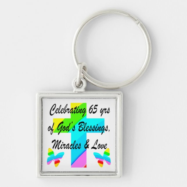 PRETTY RAINBOW CROSS 65TH BIRTHDAY DESIGN KEY RING (Front)