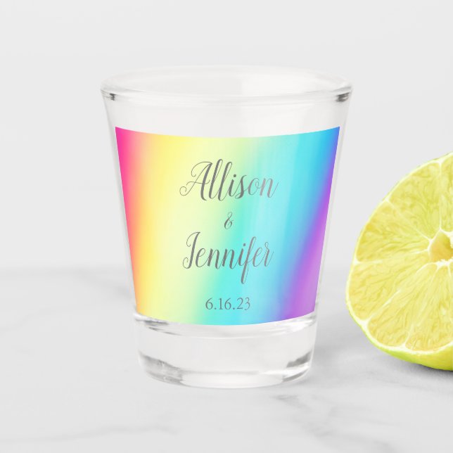 Pretty Rainbow Fade Colourful Personalised Wedding Shot Glass (Front)