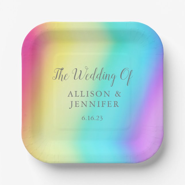 Pretty Rainbow Fade Personalised LGBTQ Wedding Paper Plate (Front)